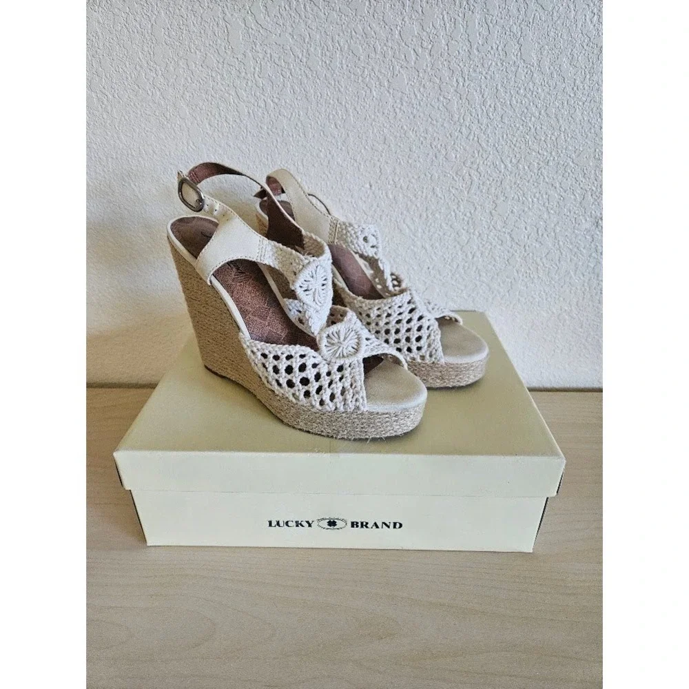 Lucky Brand Macrame Crochet Sandals Wedge Heels Cream Women Size 8 Boho